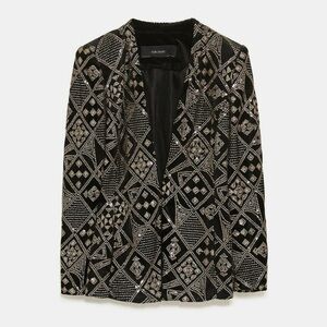 ZARA BLACK BLAZER VELVET EMBROIDERED GOLD SEQUINS COAT JACKET TRINNY - Large